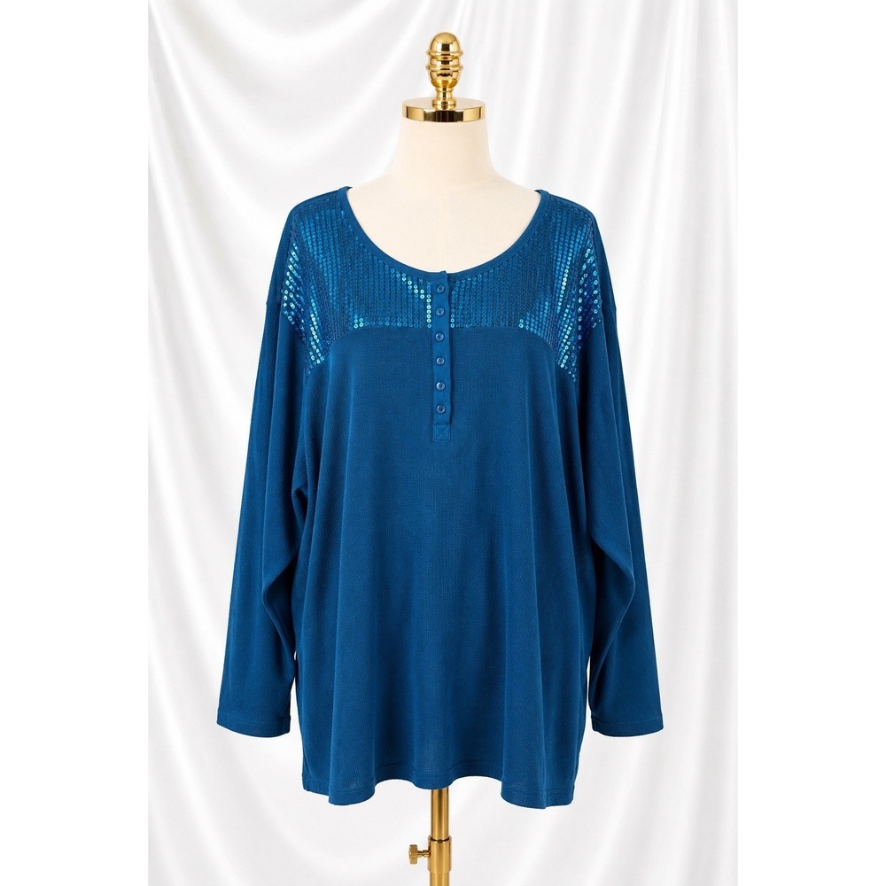 Denim 24/7 Waffle Knit Henley Top 5X Teal Blue Sequin‎ Embellished Party